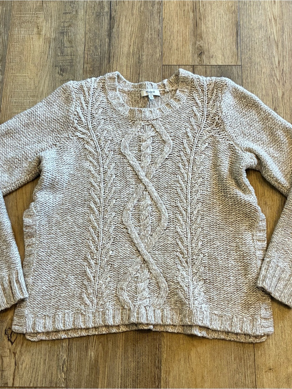 Madewell Firelight Beige Cable-Knit Crewneck Sweater Wool Alpaca Blend Side Slit